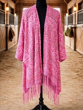 BIT & BRIDLED Boho Pink Sheer Kimono Fringe Hem One Size Fits Most Plus